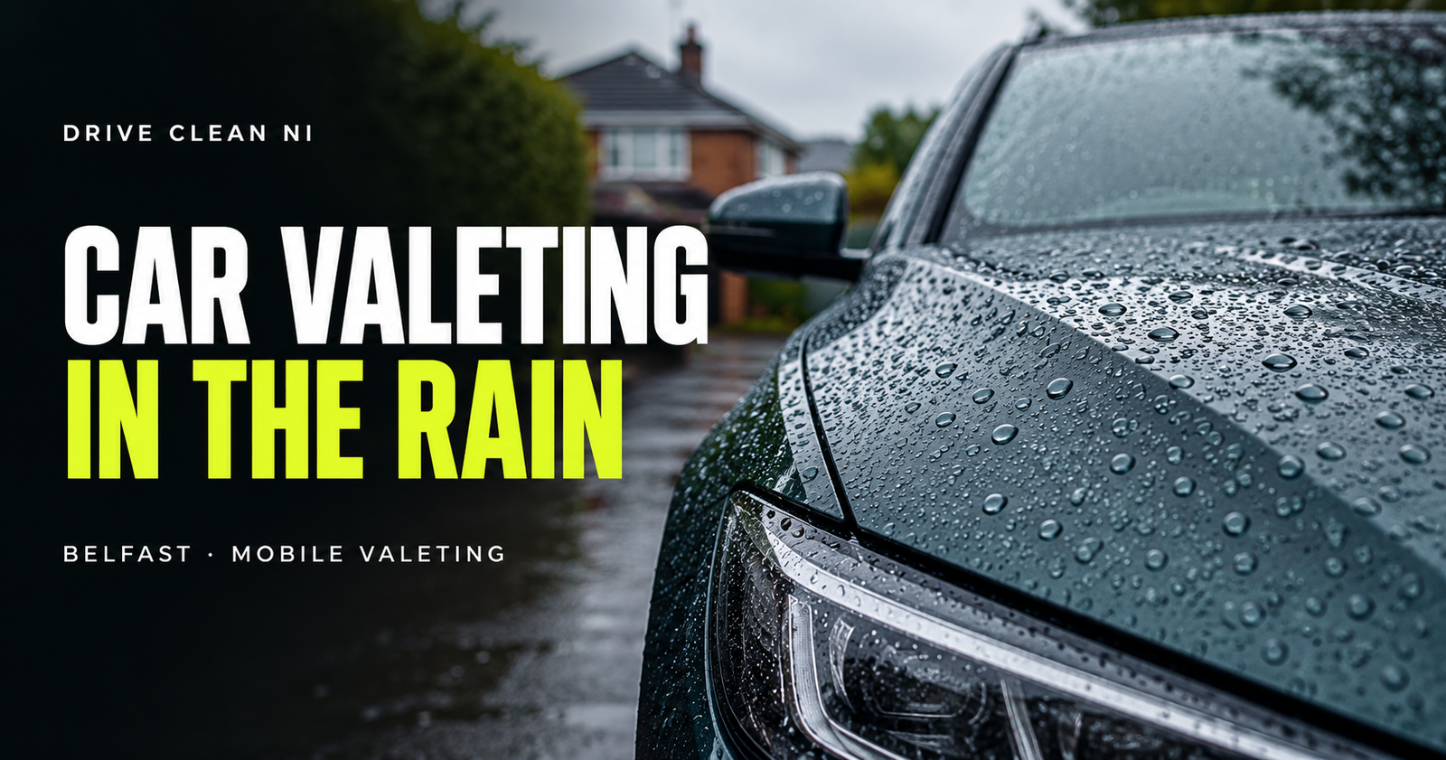 Illustrative rain droplets beading on a car bonnet in Belfast weather