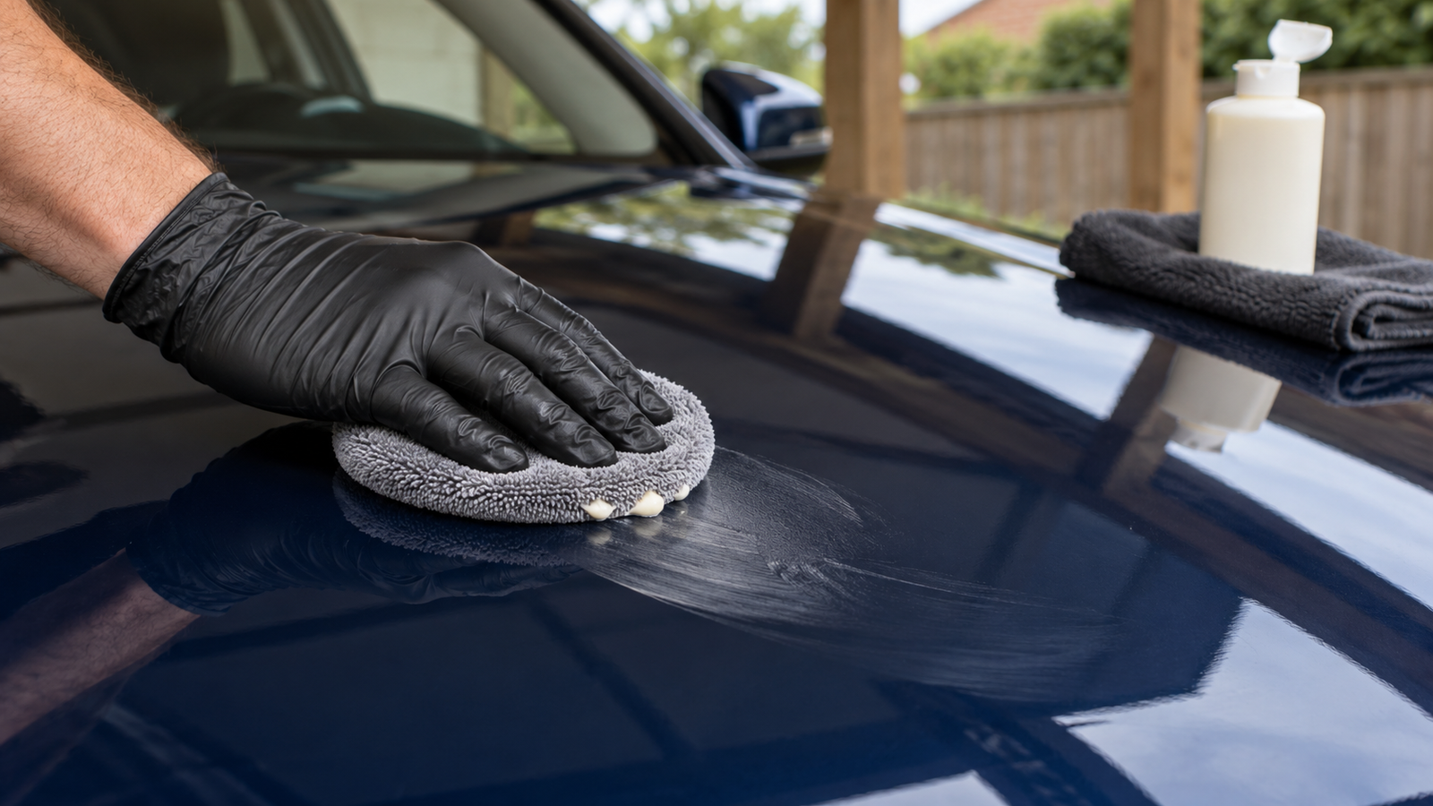 Illustrative liquid wax applied by hand to clean, dry car paint