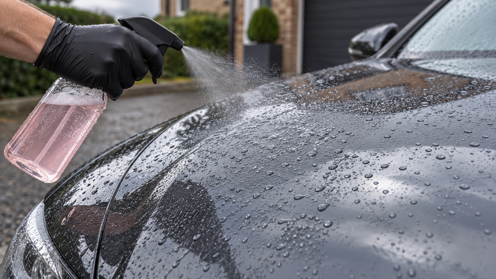 Illustrative spray-and-rinse sealant application on clean, wet car paint